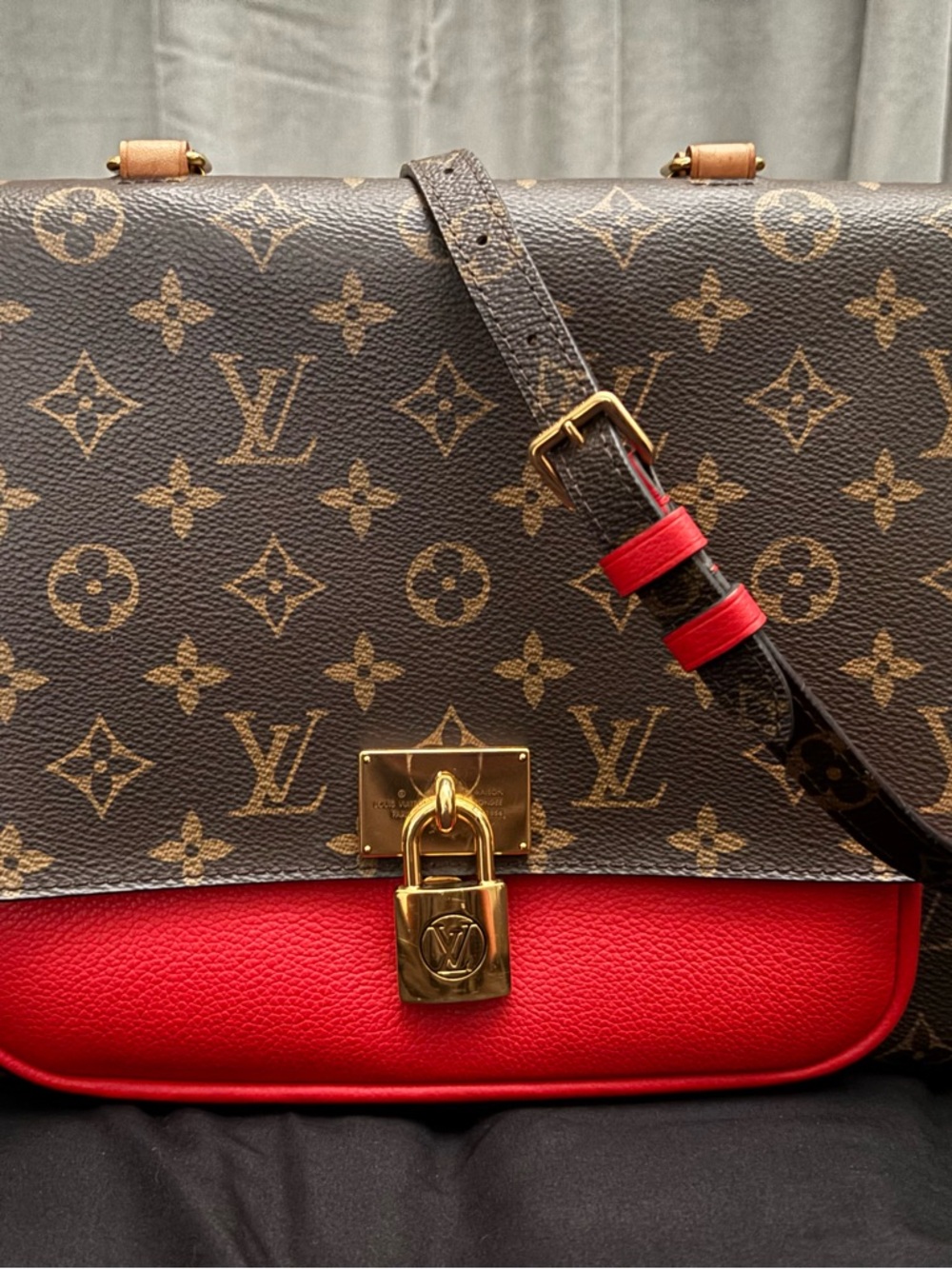 Louis Vuitton Monogram Canvas Shoulder Bag with Red Trim and Gold Hardware